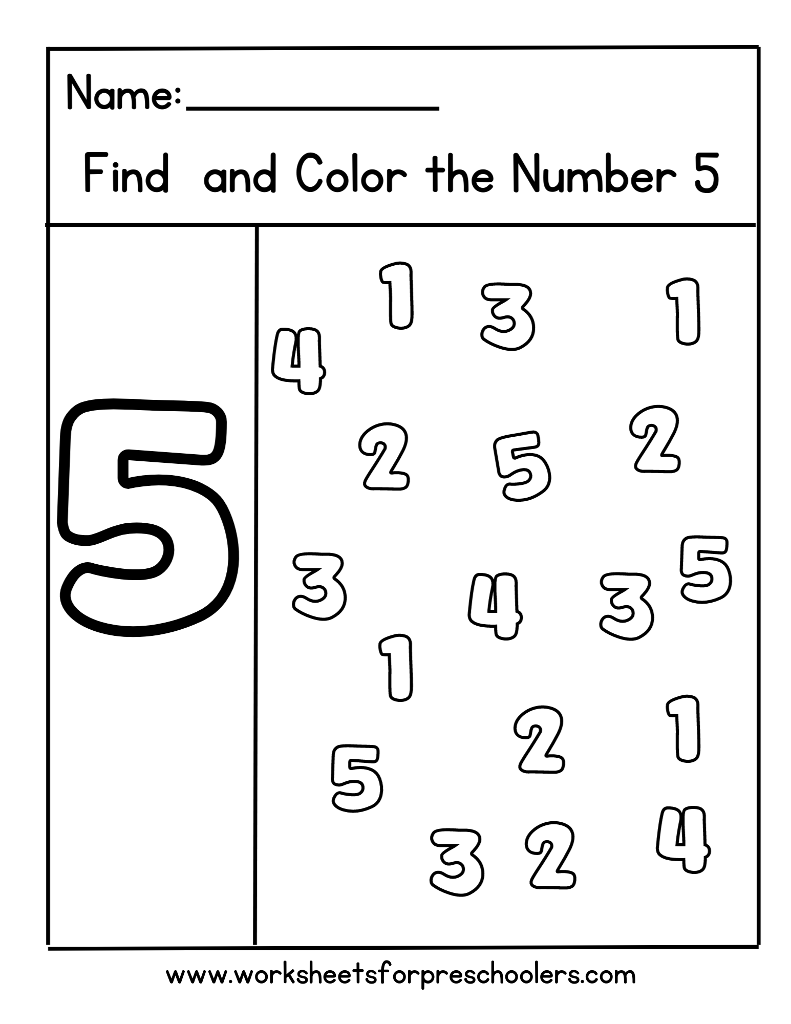 Preschool Math Activity Worksheet Find and Color Number 5