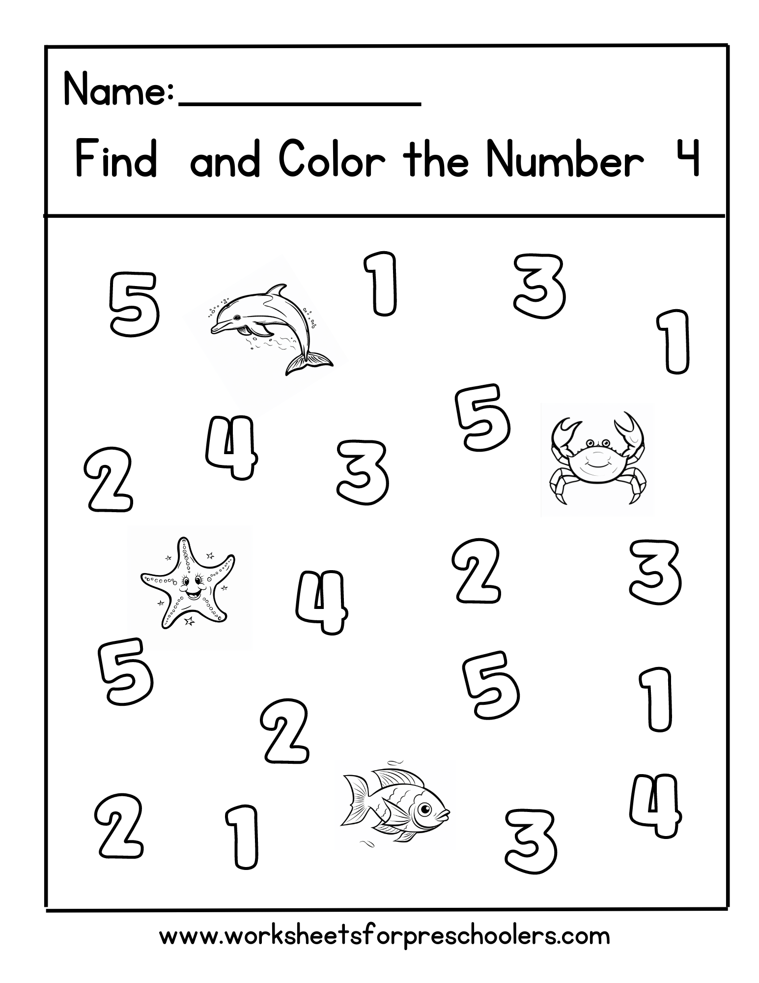 Ocean Preschool Math Activity Find and Color Number 4