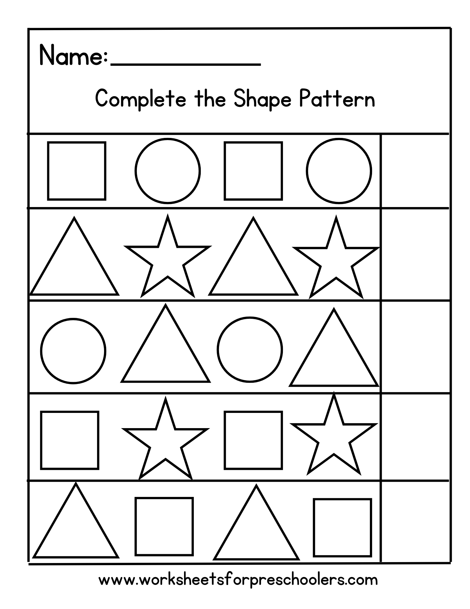 Preschool Pattern Completion Star Shape Activity Worksheet