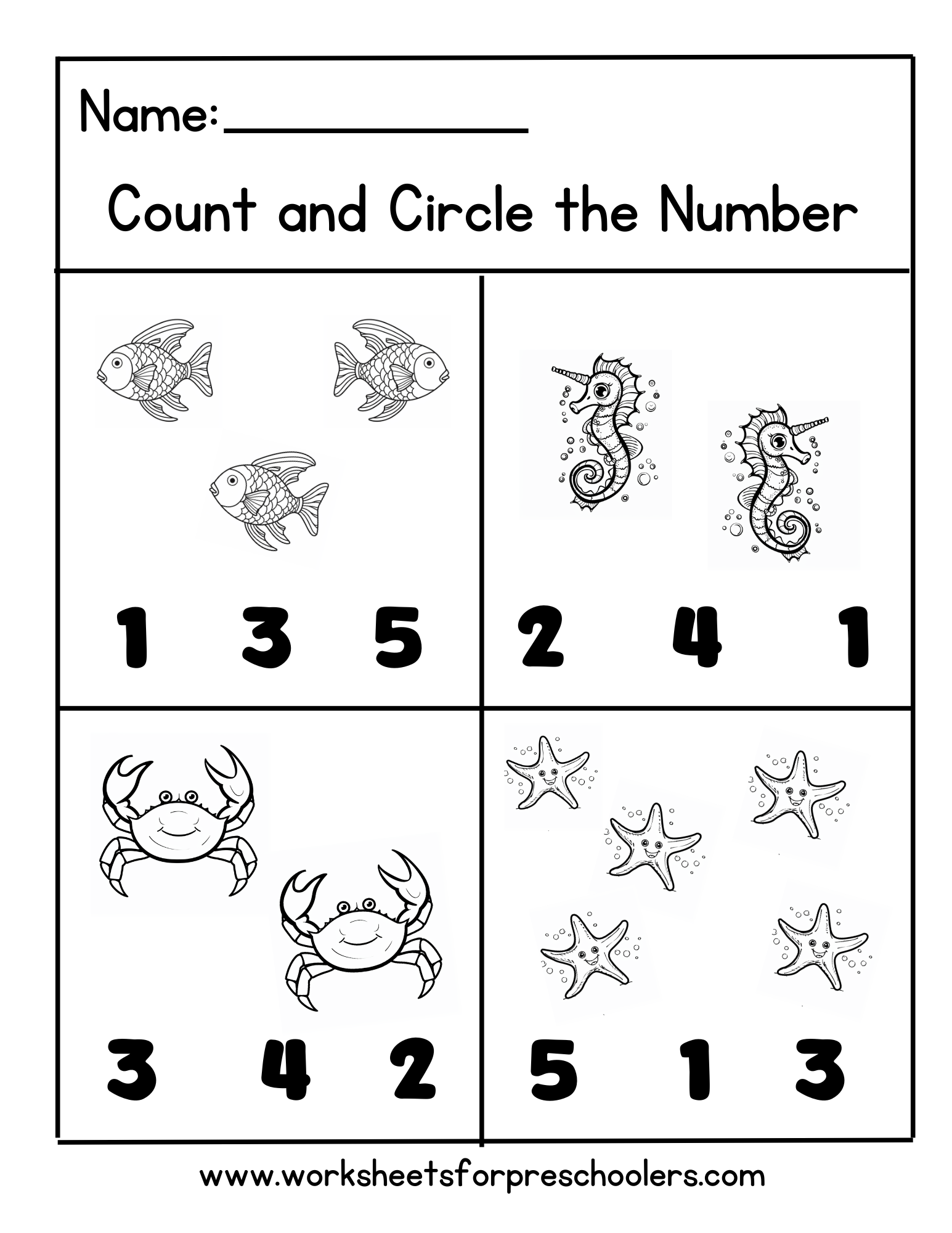 Preschool Count And Circle Number Math Activity Worksheet Ocean