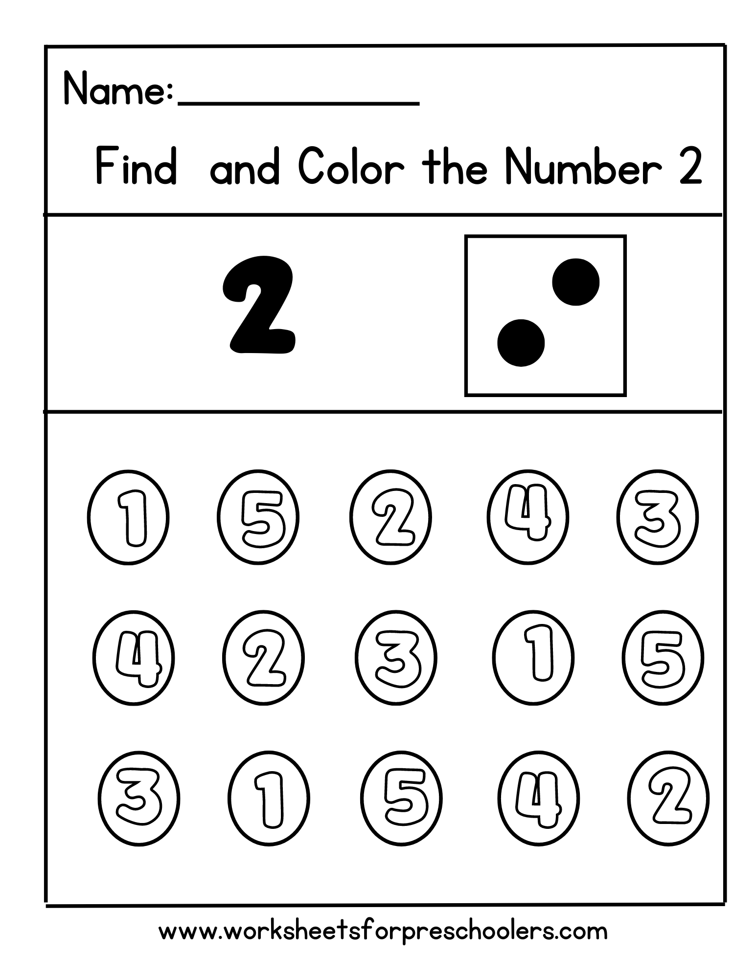 Preschool Find and Color Number 2 Math Worksheet