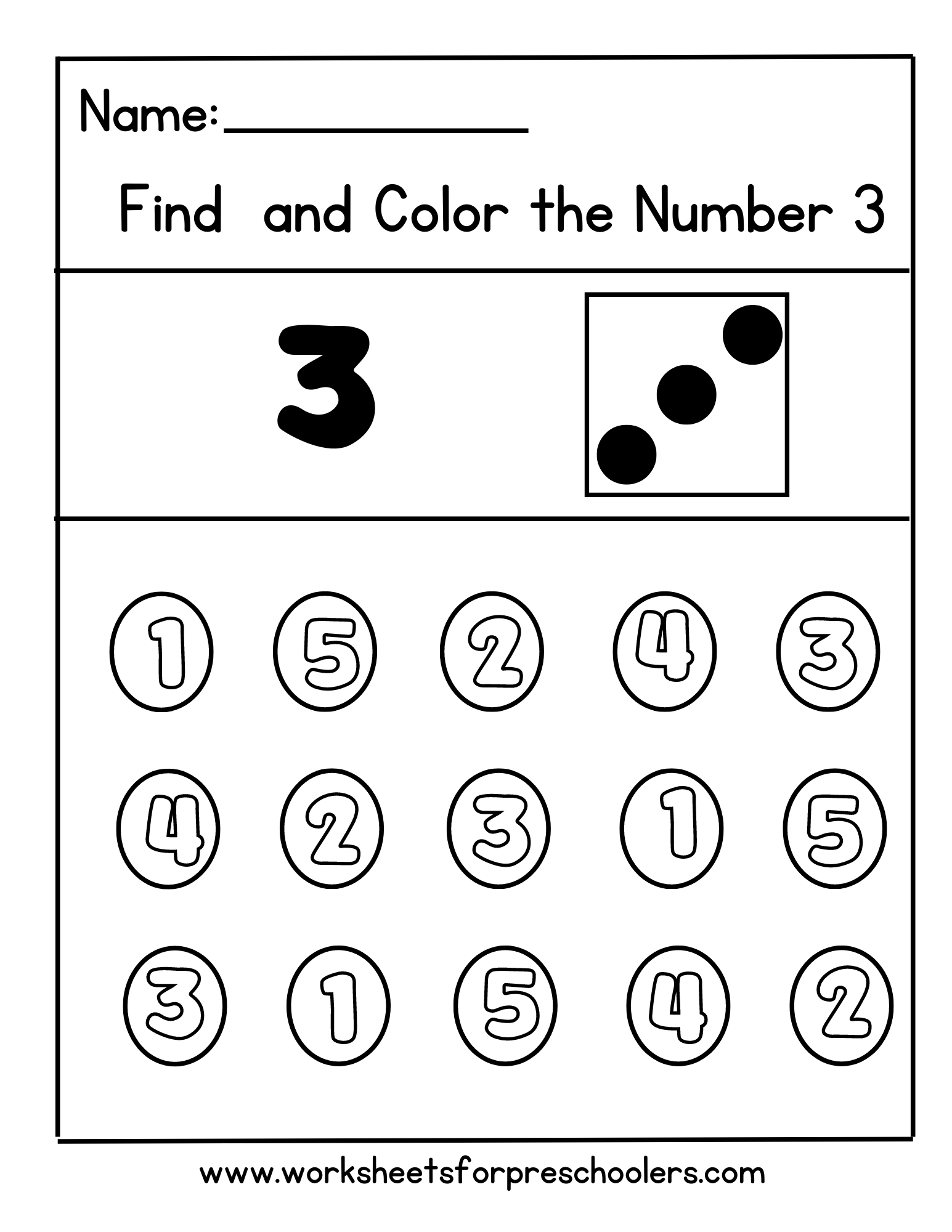 Preschool Find and Color Number 3 Math Worksheet