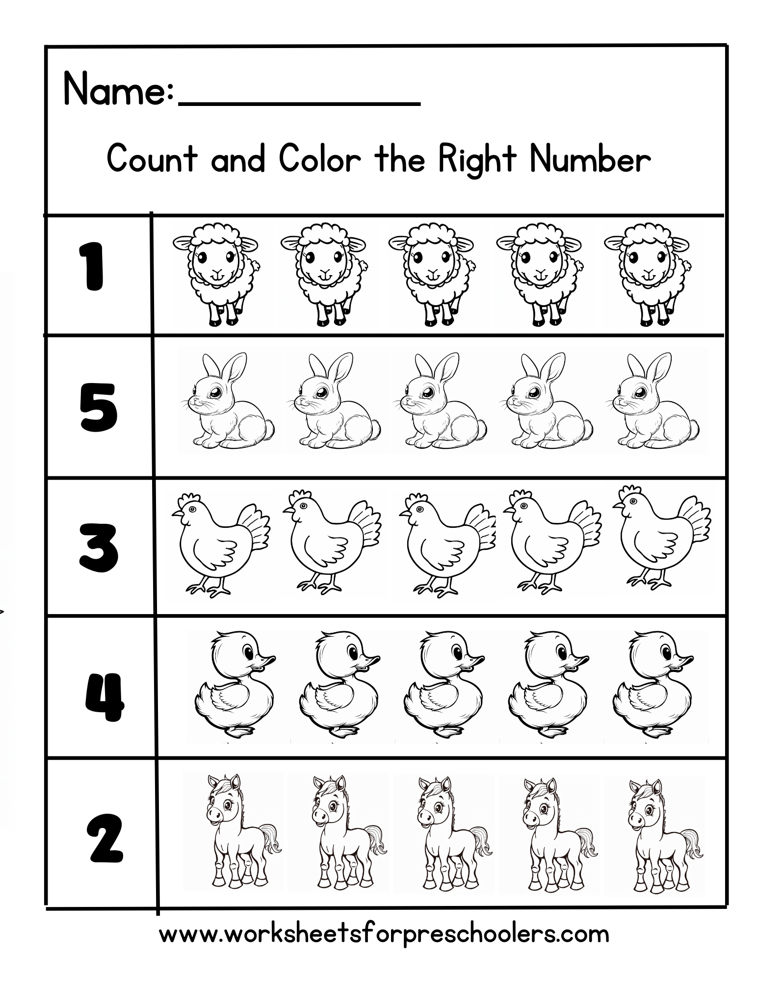 Count and Color Math Worksheet Farm Animals