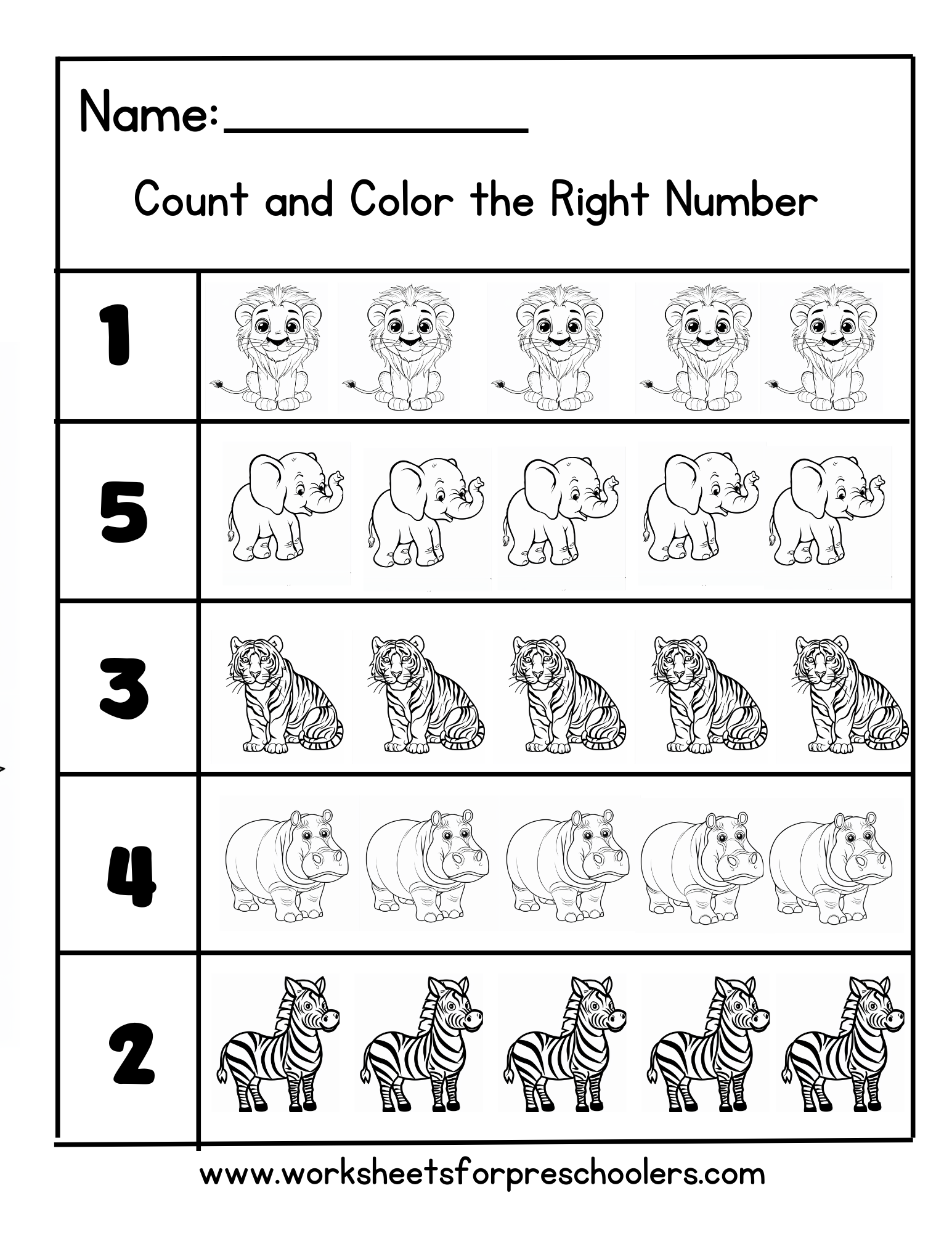 Count and Color Math Worksheet Jungle Animals