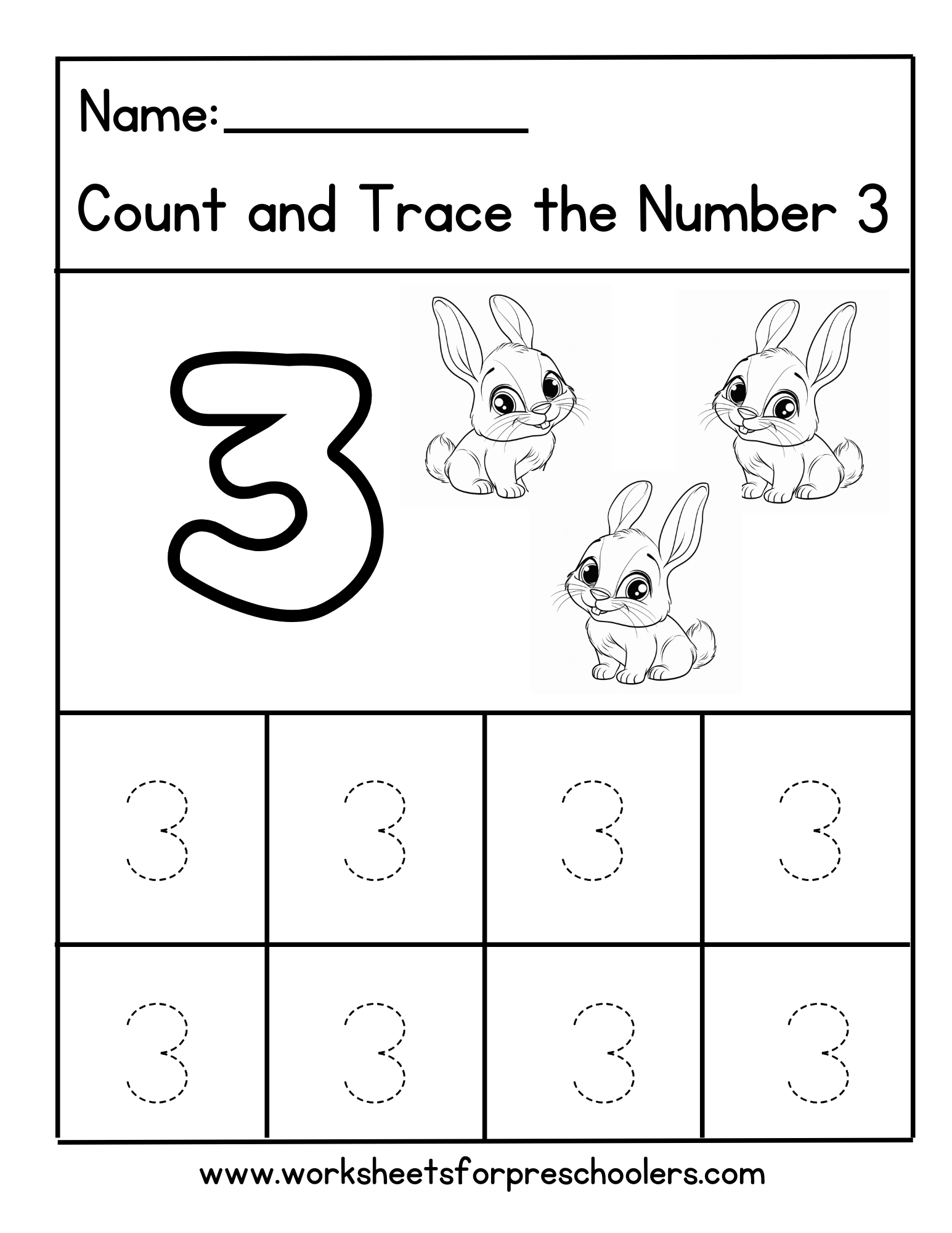 Count and Trace Number 3 Worksheet Preschool Rabbit