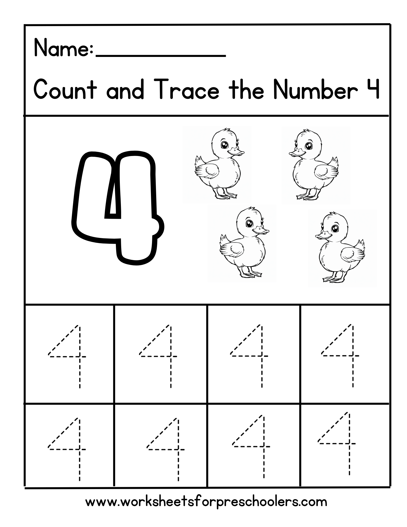 Count and Trace Number 4 Worksheet Preschool Ducks