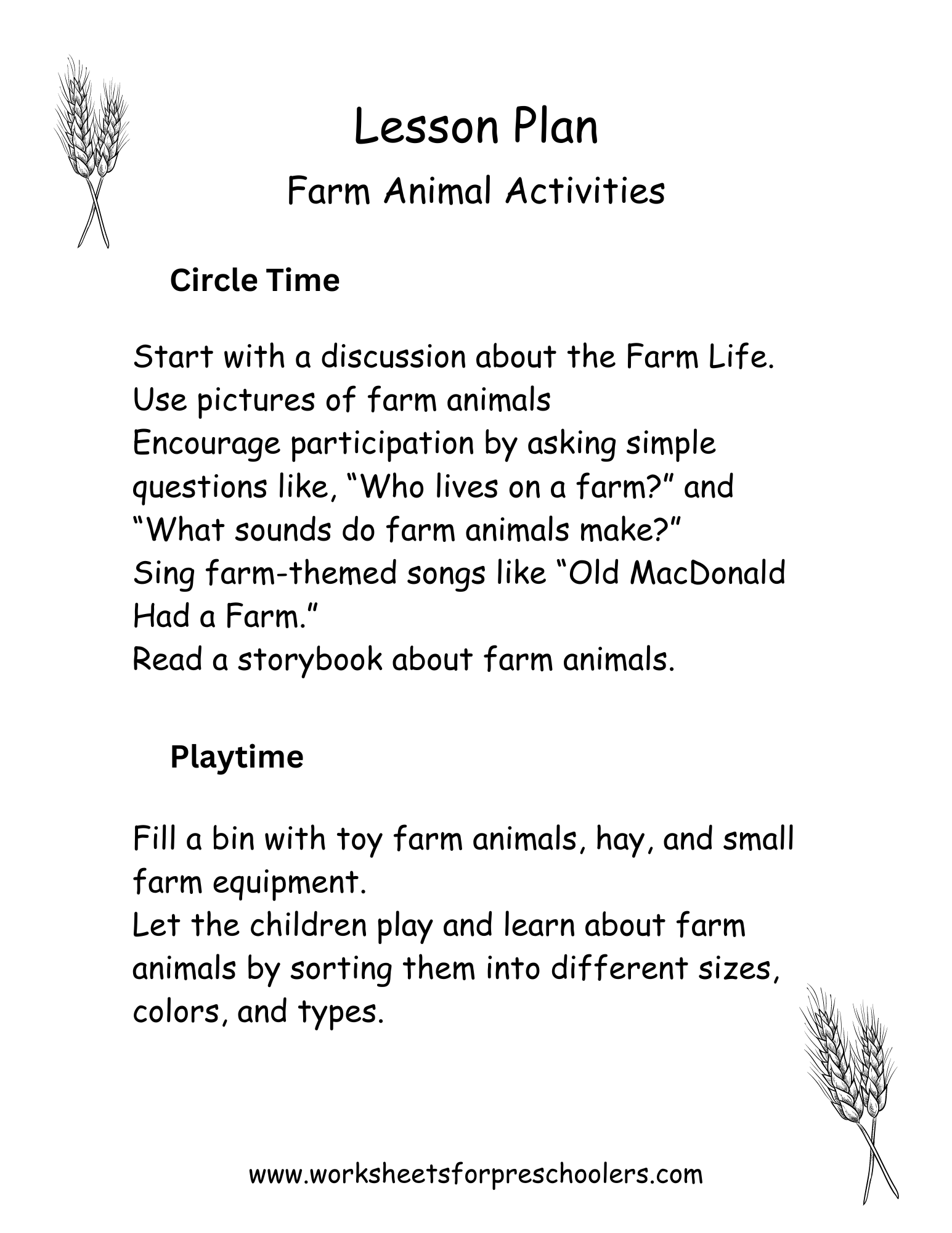 Farm Animal Lesson Plan Preschool