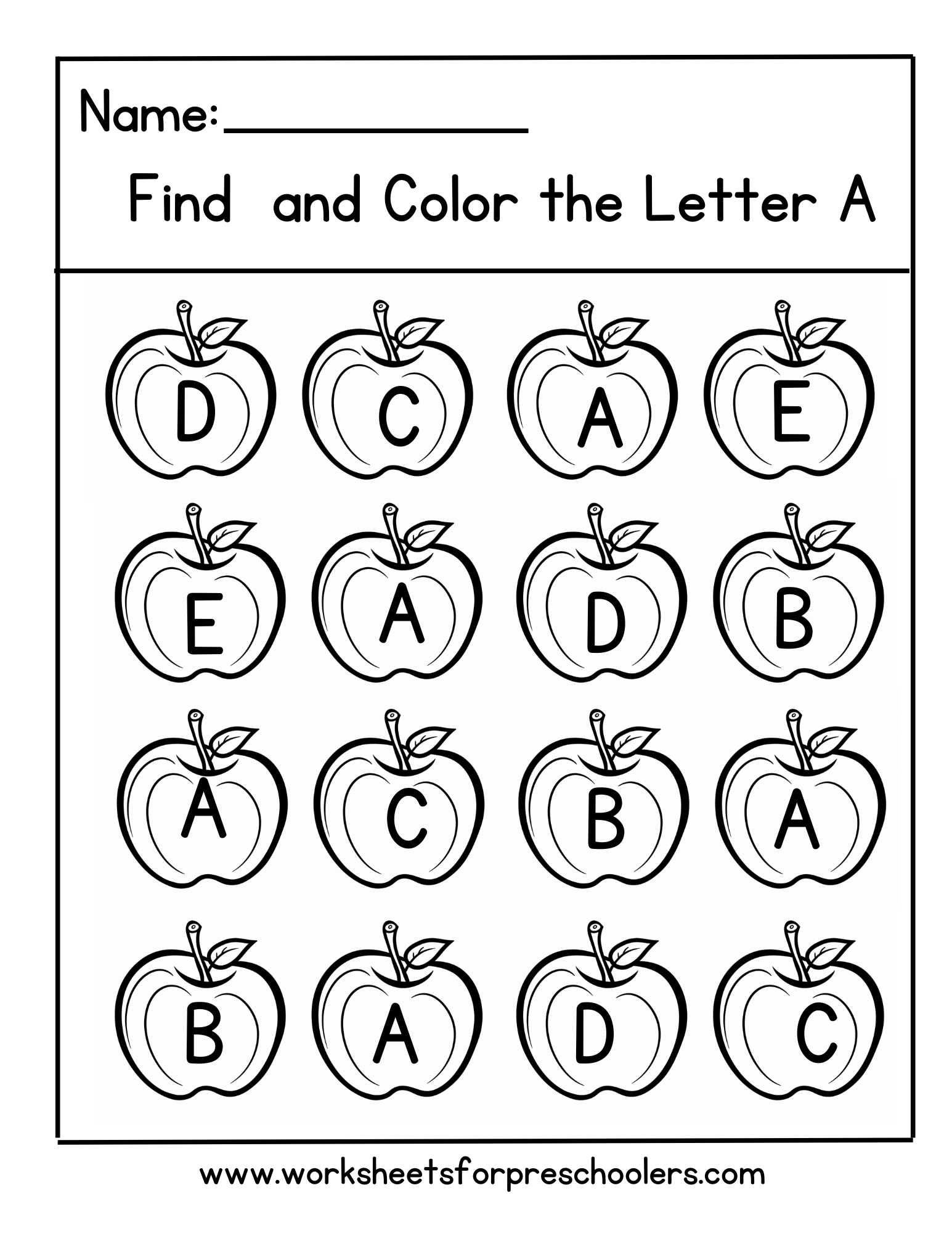 Preschool Find Letter A Activity Worksheet Apples