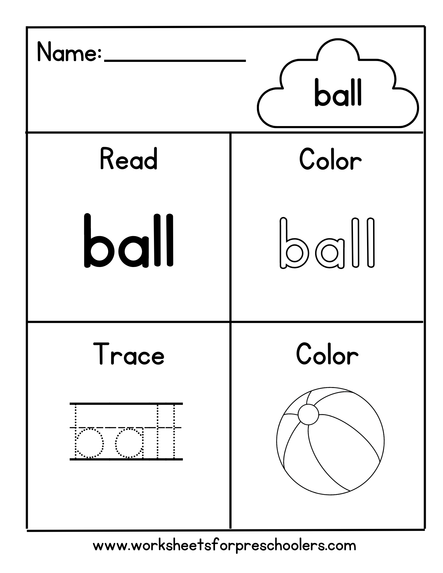 Preschool Color Trace Sight Word Ball Worksheet