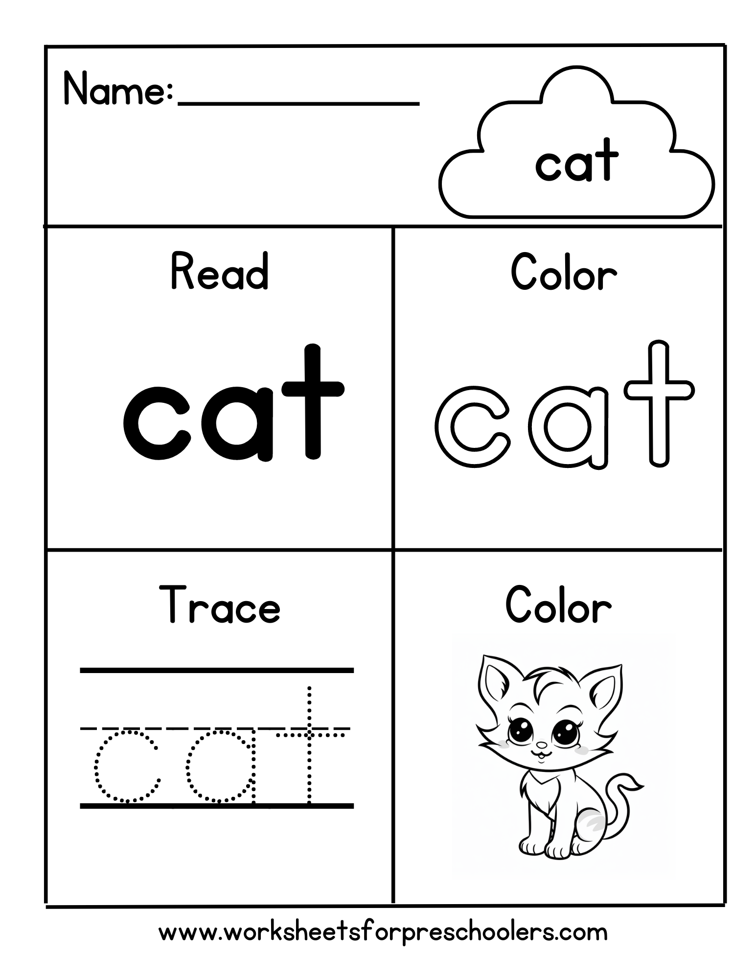 Preschool Color Trace Sight Word Cat Worksheet