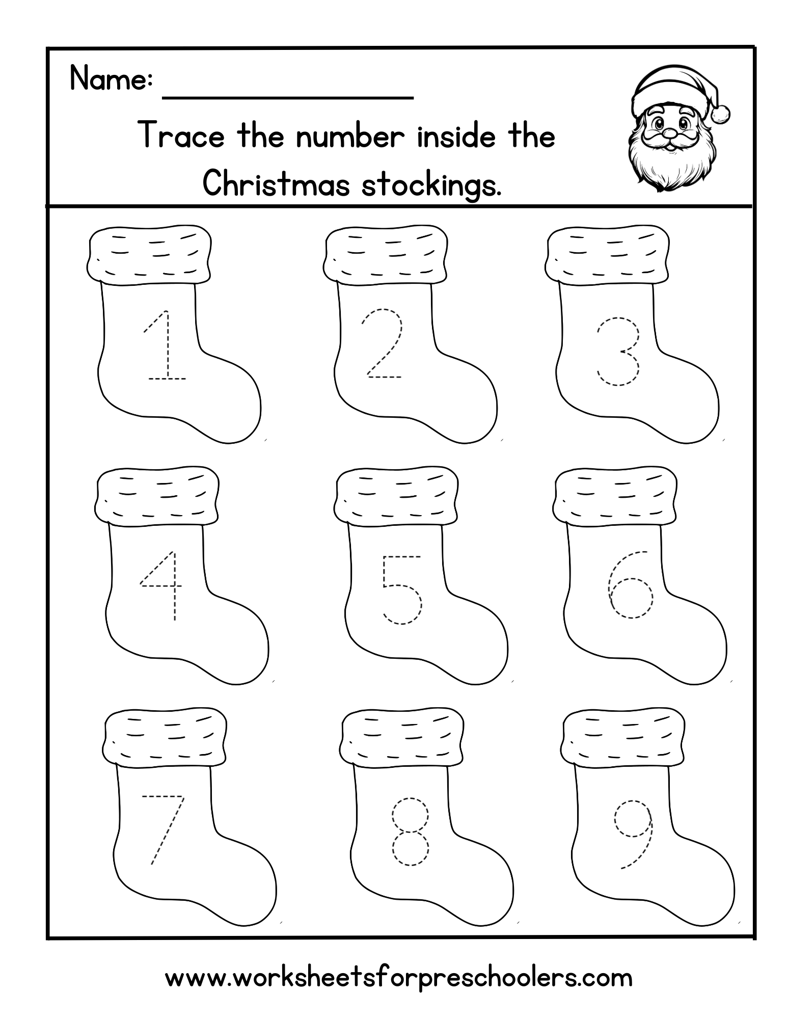 Christmas Stockings Tracing Numbers Worksheet